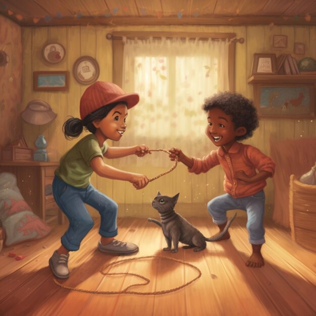 Foto er zijn twee kinderen die met een kat spelen in een kamer.