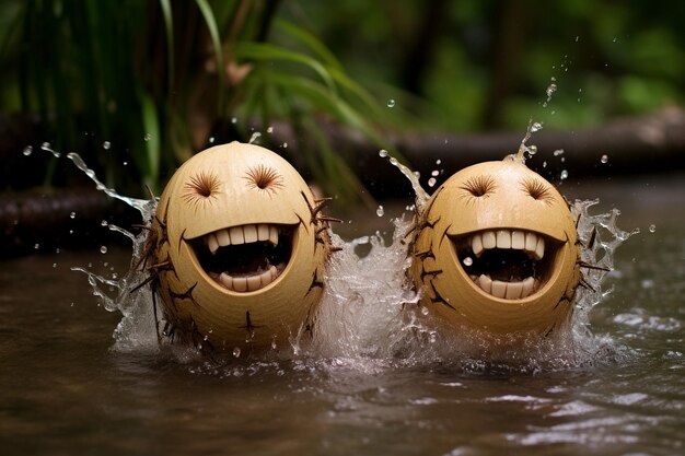 Foto er zijn twee kokosnoten met gezichten en armen die water spetteren.