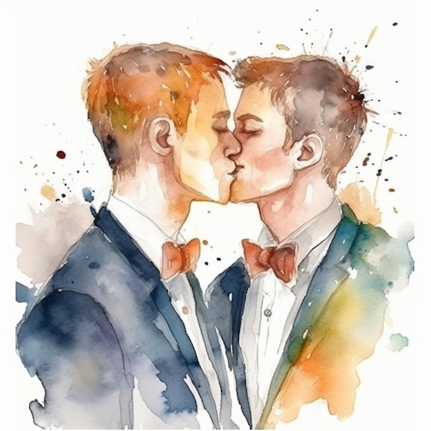 Er zijn twee mannen in pakken die elkaar kussen in een generatieve ai met waterverf