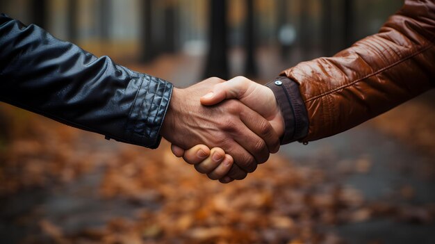 er zijn twee mensen die elkaar de hand schudden in een park Generatieve AI