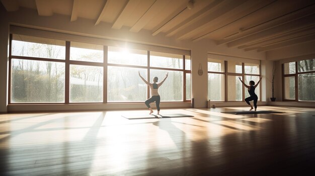 Foto er zijn twee mensen die yoga doen in een grote kamer met grote ramen generatieve ai