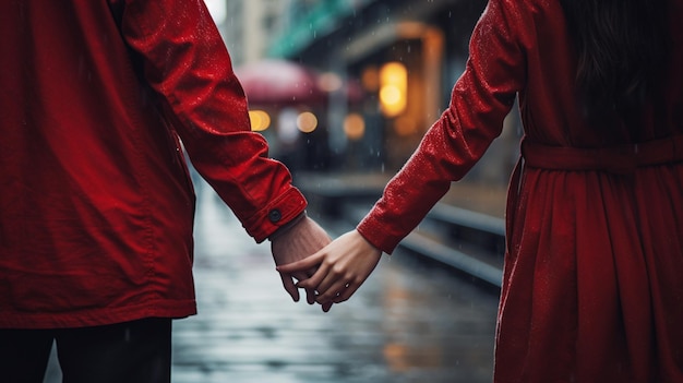 Er zijn twee mensen hand in hand in de regen op een regenachtige dag generatieve ai