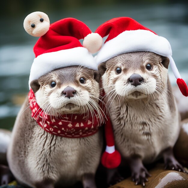 Er zijn twee otters met kerstmanhoeden op een rots.