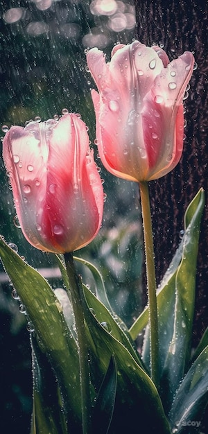 Er zijn twee roze bloemen die generatief ai in de regen zitten