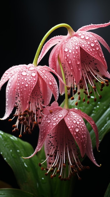 Er zijn twee roze bloemen met waterdruppels erop generatieve ai