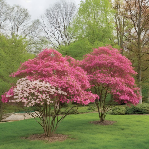 Er zijn twee roze bomen in het midden van een grasveld.