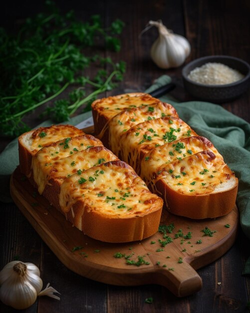 Er zijn twee sneetjes brood op een snijplank met knoflook generatieve ai