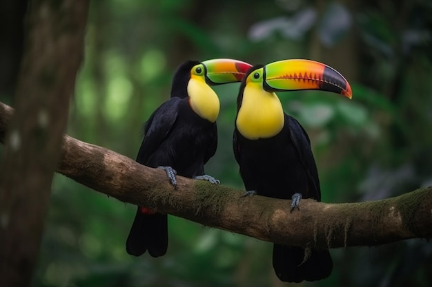 Er zijn twee vogels die samen op een tak zitten.