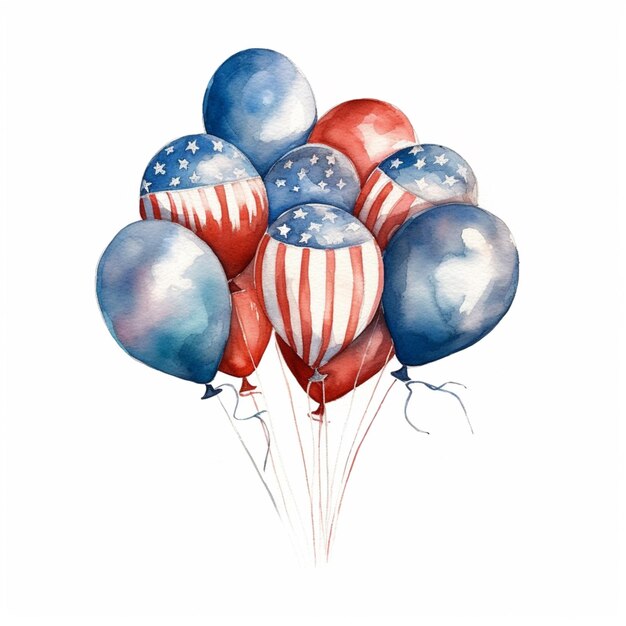 Er zijn veel ballonnen met de kleuren van de Amerikaanse vlag.