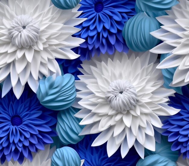 Er zijn veel blauwe en witte bloemen op een muur.