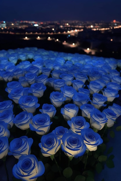 er zijn veel blauwe rozen in een veld met een stad op de achtergrond generatieve ai