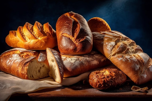 Er zijn veel broodjes en broodjes op een houten plank generatieve ai