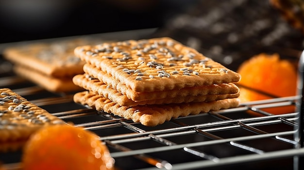 Er zijn veel crackers op een rack.