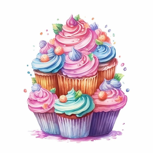 er zijn veel cupcakes met verschillende kleuren op hen generatieve ai