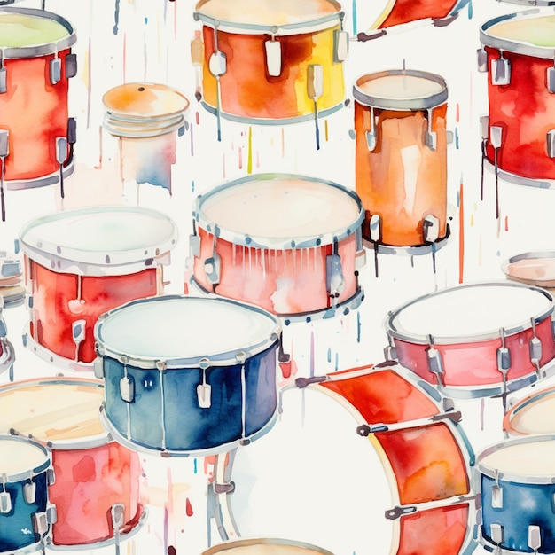er zijn veel drums geschilderd in verschillende kleuren op een witte achtergrond generatieve ai