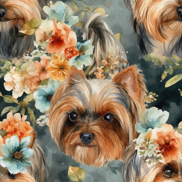 Er zijn veel honden met bloemen op hun hoofd op een bloemen achtergrond generatieve ai