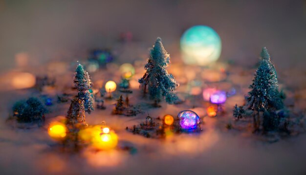 Er zijn veel kleine bomen en kleine lichten in de sneeuw.