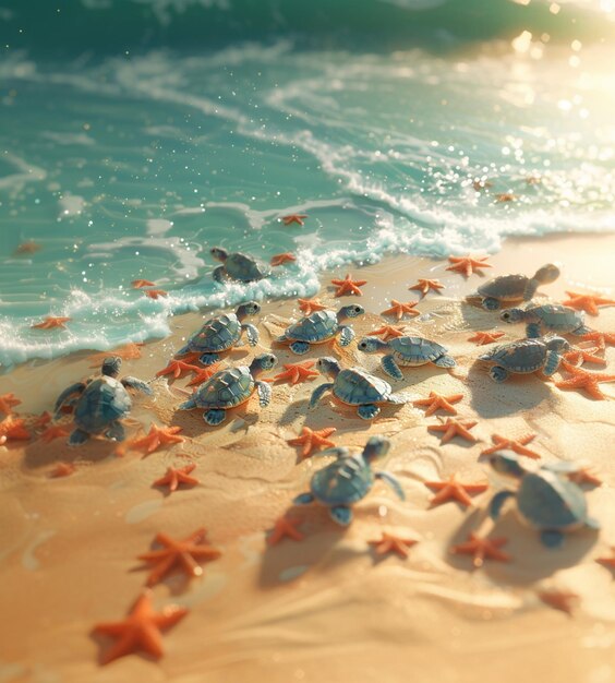 Foto er zijn veel kleine schelpen en zeesterren op het strand.