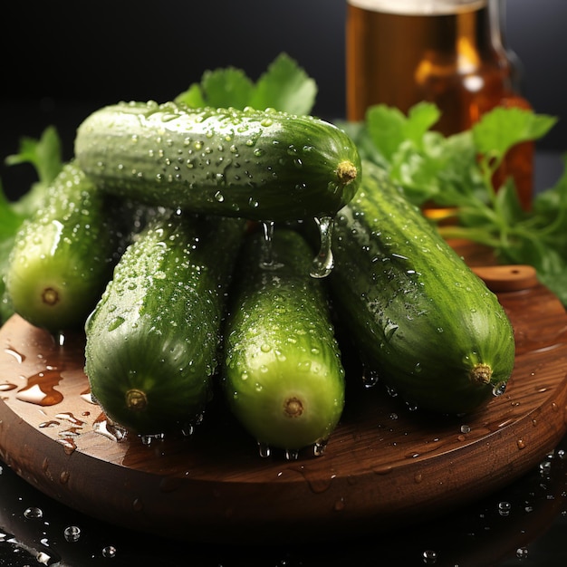 Er zijn veel komkommers op een houten plaat met water generatieve ai