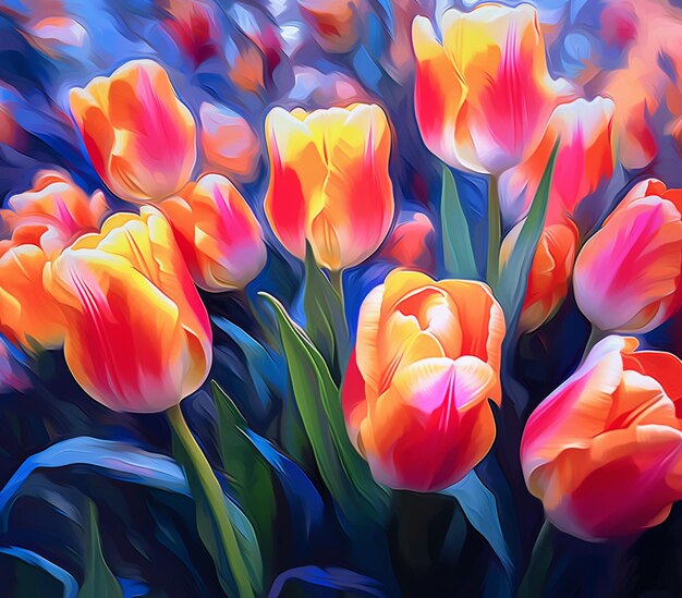 Er zijn veel oranje en roze tulpen in een veld generatief ai