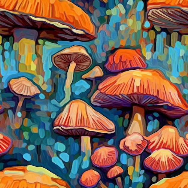 Er zijn veel paddenstoelen die allemaal samen zijn gegroepeerd in dit schilderij generatieve ai