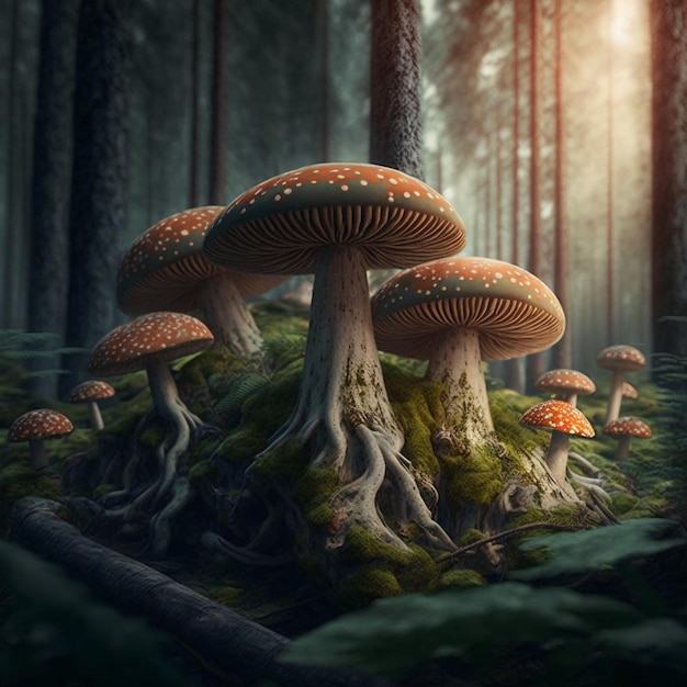 Er zijn veel paddenstoelen die groeien op de mosgrond generatieve ai