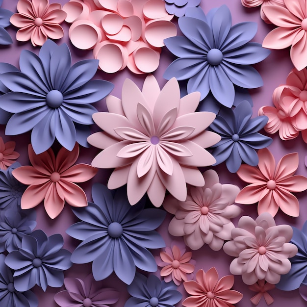 Er zijn veel papieren bloemen gerangschikt op een roze oppervlak generatieve ai