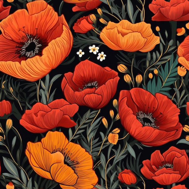 er zijn veel rode en oranje bloemen op een zwarte achtergrond generatieve ai