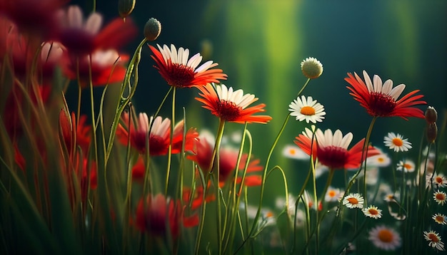 Foto er zijn veel rode en witte bloemen in een veld generatieve ai