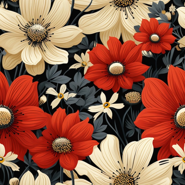 er zijn veel rode en witte bloemen op een zwarte achtergrond generatieve ai