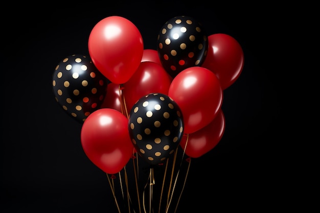 er zijn veel rode en zwarte ballonnen met gouden stippen erop generatieve ai