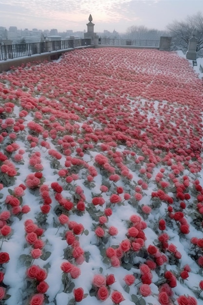 er zijn veel rode rozen die bedekt zijn met sneeuwgeneratieve ai