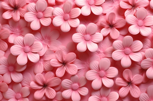 Er zijn veel roze bloemen die generatief ai op een roze oppervlak staan