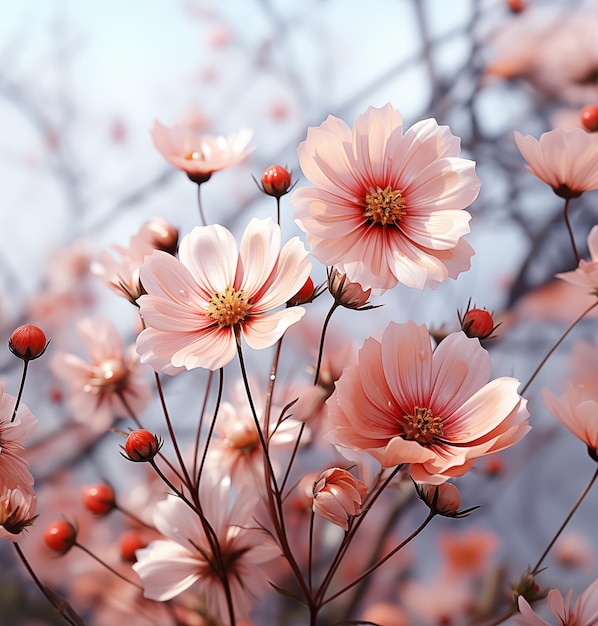 Er zijn veel roze bloemen die groeien in het veld generatieve ai