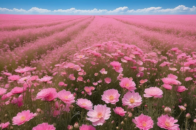 Foto er zijn veel roze bloemen in een veld met een blauwe hemel generatieve ai