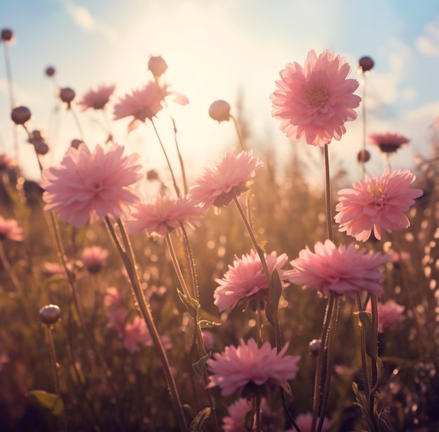 er zijn veel roze bloemen in een veld met een blauwe lucht, generatieve ai