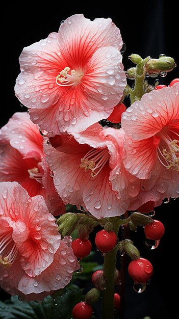 Er zijn veel roze bloemen met waterdruppels erop.