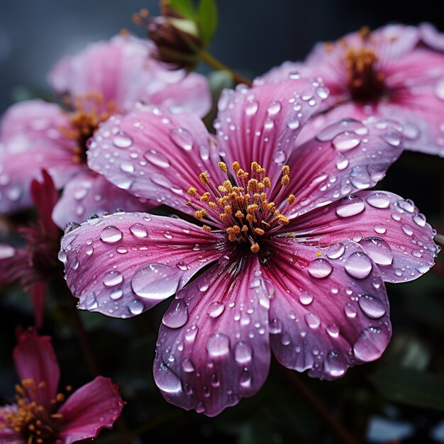 Er zijn veel roze bloemen met waterdruppels erop.