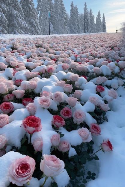 er zijn veel roze rozen bedekt met sneeuw in een veld generatieve ai