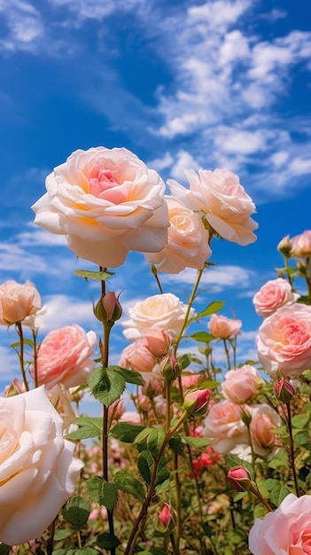 er zijn veel roze rozen in een veld met een generatieve blauwe lucht