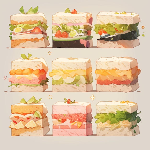 Er zijn veel sandwiches die op elkaar gestapeld liggen op een generatieve ai tafel
