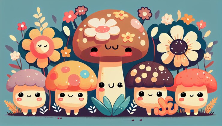 Foto er zijn veel schattige kleine paddenstoelen in het gras met generatieve bloemen