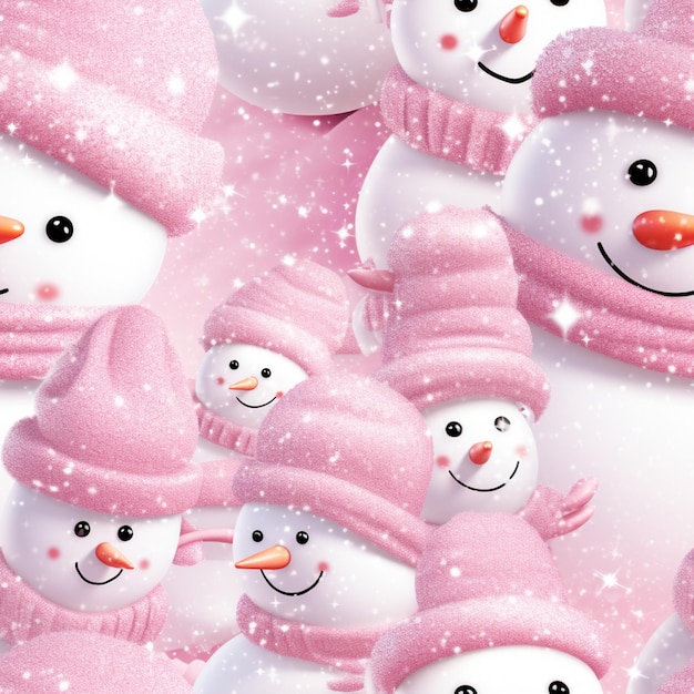 Foto er zijn veel sneeuwmannen die allemaal roze hoeden dragen.