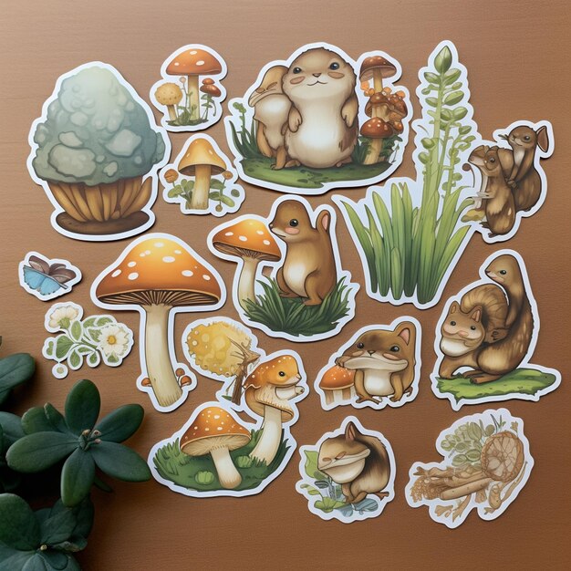 Foto er zijn veel stickers van verschillende dieren en planten op een tafel.