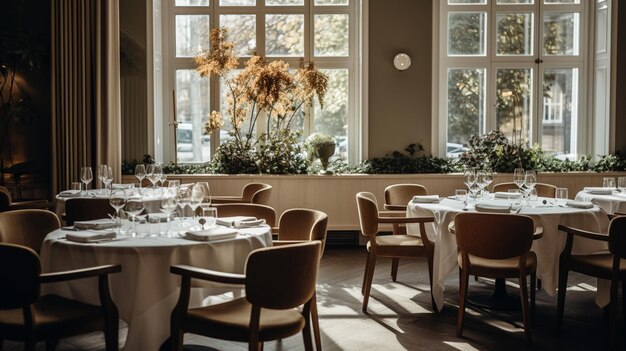 Er zijn veel tafels en stoelen in een restaurant met een groot raam.