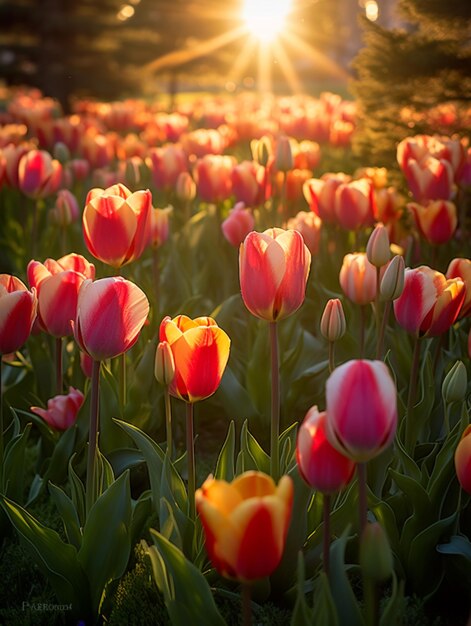 Er zijn veel tulpen in een veld met de zon schijnende generatieve ai