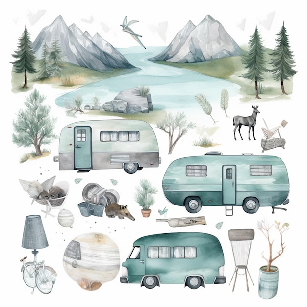 Er zijn veel verschillende aquarelillustraties van een camper en andere generatieve voertuigen