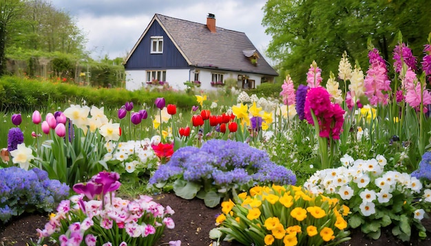 Foto er zijn veel verschillende bloemen in de tuin met een huis op de achtergrond.