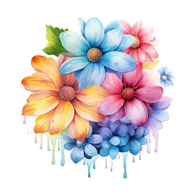 er zijn veel verschillende gekleurde bloemen met druppels water erop generatieve ai