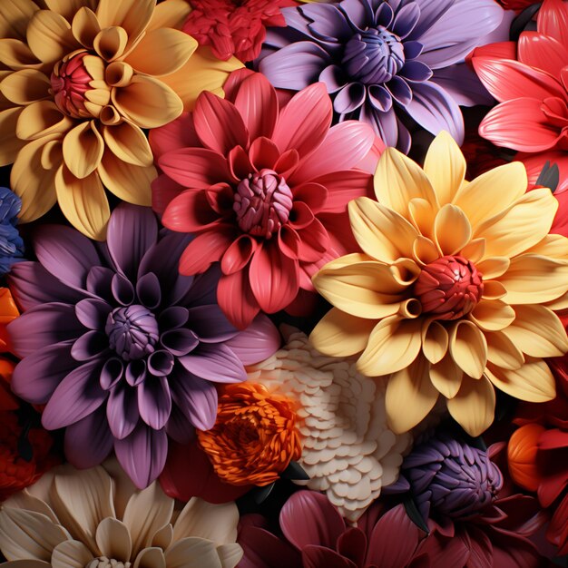 Er zijn veel verschillende gekleurde bloemen op een tafel gerangschikt.
